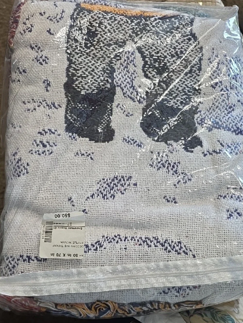 Iconic Vintage New Snowman Scenic Holiday Throw 100% Cotton - Red, White & Blue.